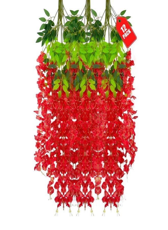 ZEBMOON 12 Pack Red Wisteria Hanging Flowers, 3.44 Ft Fake Hanging Flowers, Artificial Wisteria Garland Vines for Wedding Room Backdrop Outdoor Patio Garden Valentine's Decoration - Image 1